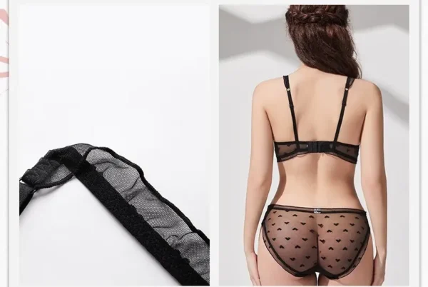 Woman wearing black polka dot lingerie set